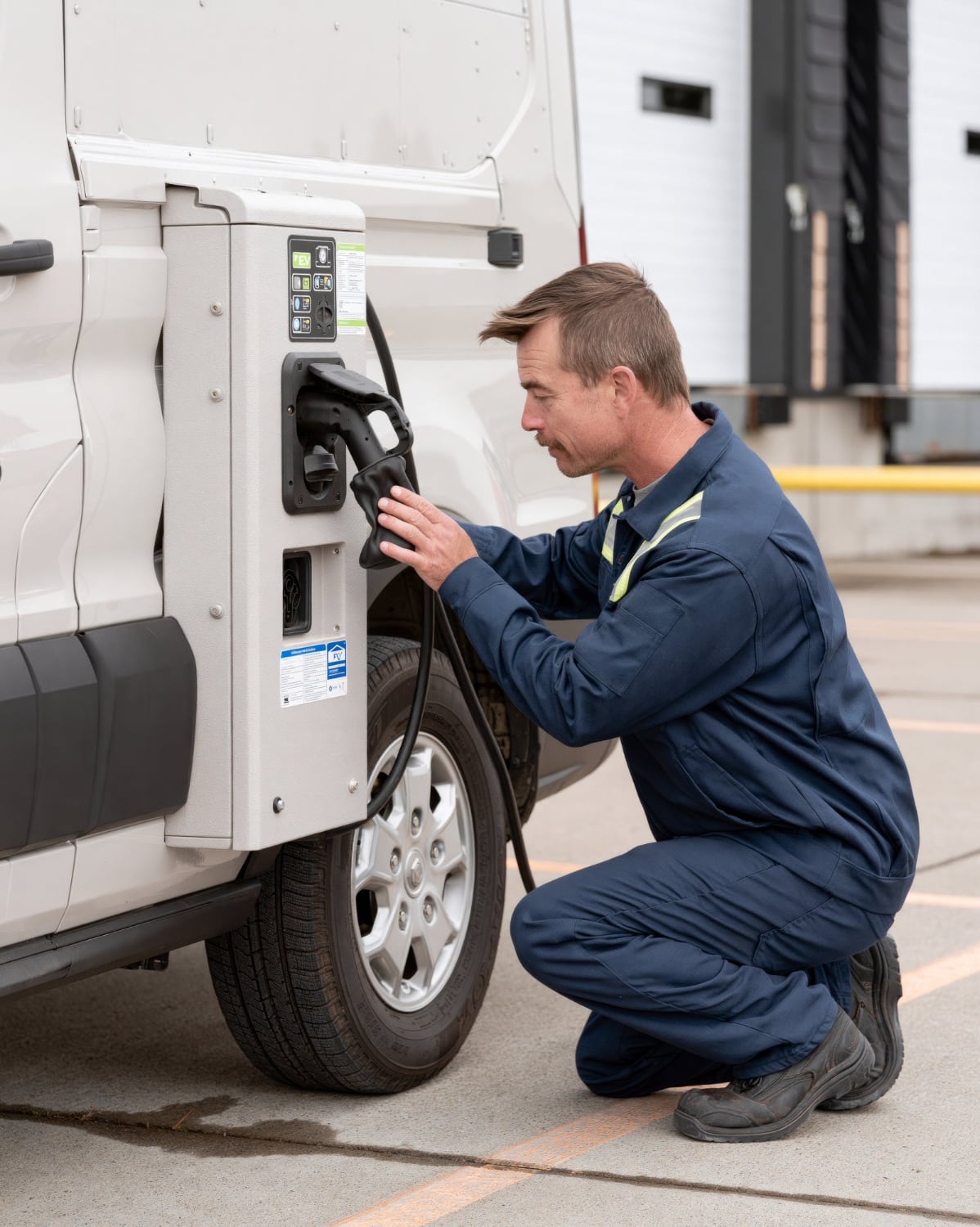 Technician inspecting an electric vehicle charging connection.