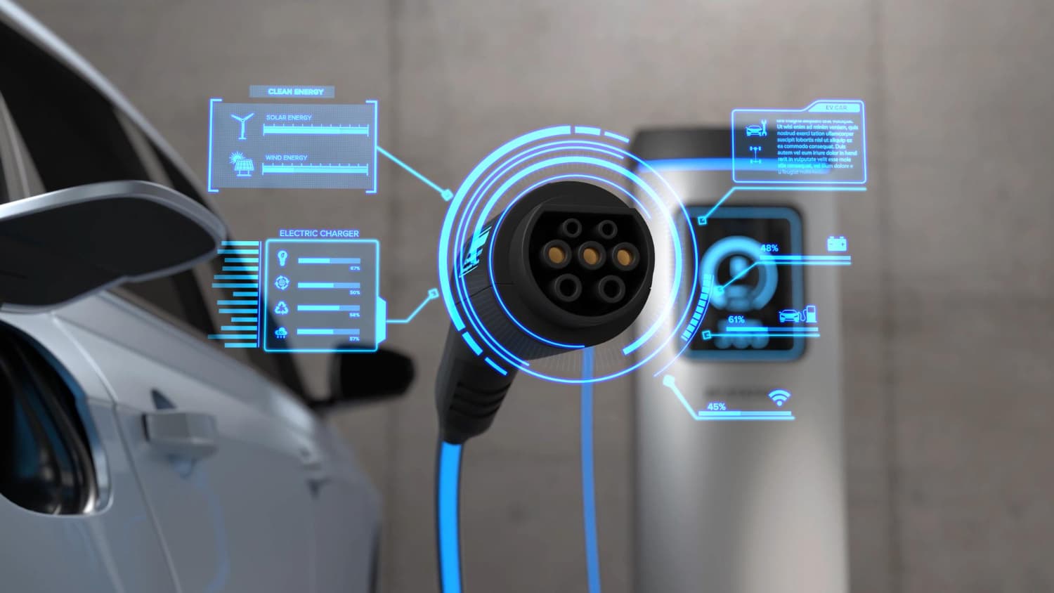 Electric car charging port with digital battery monitoring graphics.