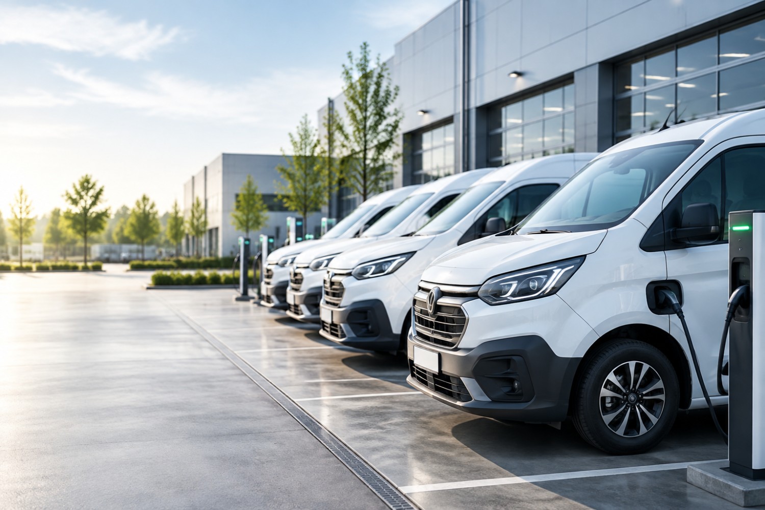 Row of white electric commercial delivery vans charging at an outdoor charging station