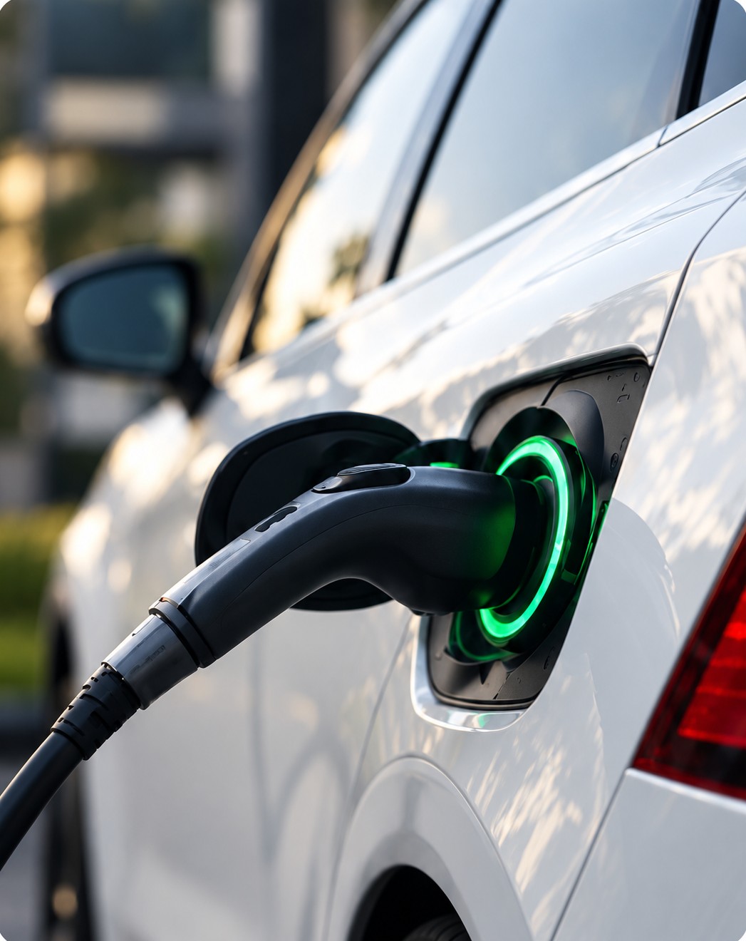 Electric vehicle charging cable connected to a white EV at a charging port