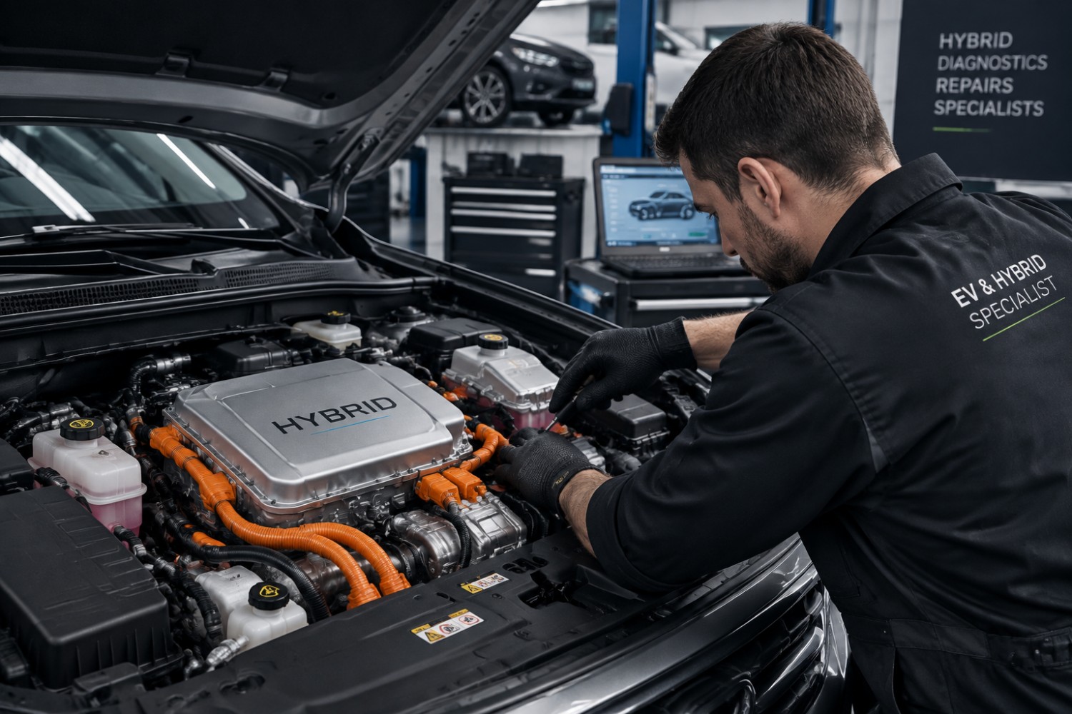 Mechanic inspecting hybrid vehicle components and electrical connections.